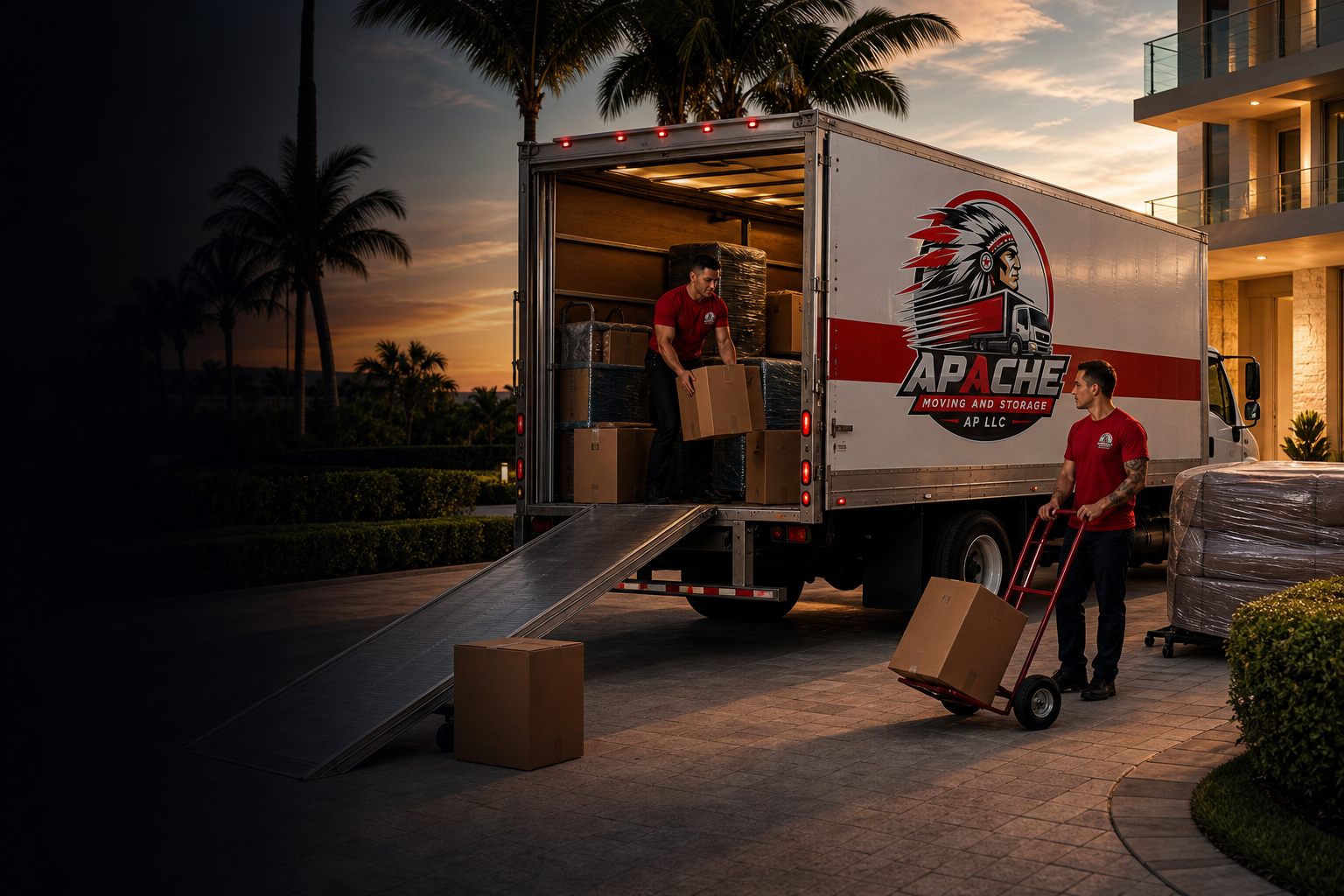 Apache Moving crew unloading boxes from a branded moving truck at a South Florida home at dusk